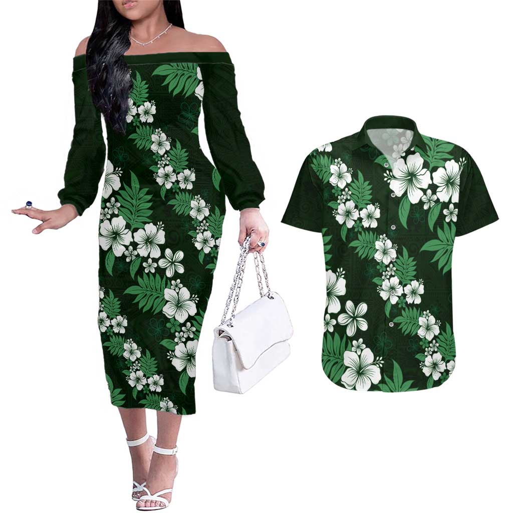 Hawaiian Hibiscus Tribal Floral Green Couples Matching Off The Shoulder Long Sleeve Dress and Hawaiian Shirt Polynesian Tapa Pattern - Polynesian Pride