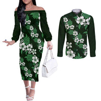 Hawaiian Hibiscus Tribal Floral Green Couples Matching Off The Shoulder Long Sleeve Dress and Long Sleeve Button Shirt Polynesian Tapa Pattern LT01 Green - Polynesian Pride
