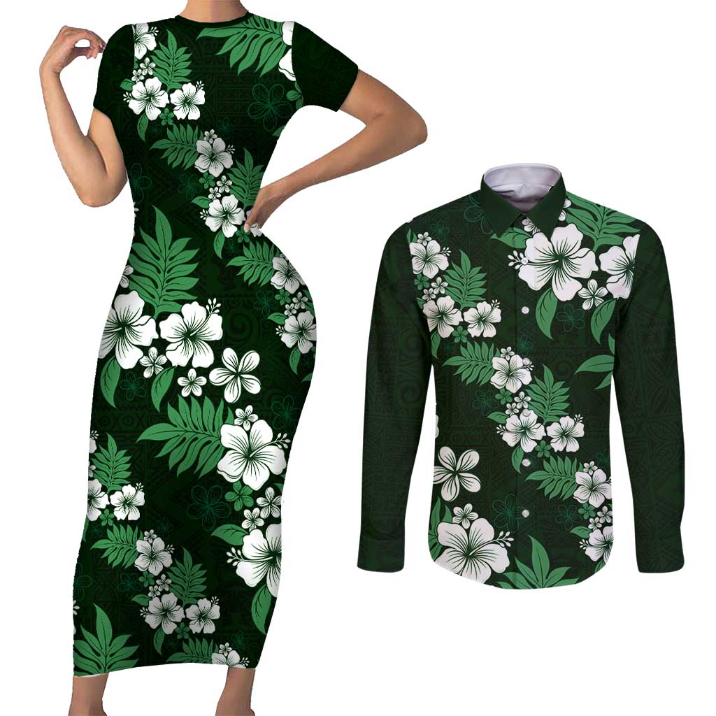 Hawaiian Hibiscus Tribal Floral Green Couples Matching Short Sleeve Bodycon Dress and Long Sleeve Button Shirt Polynesian Tapa Pattern - Polynesian Pride