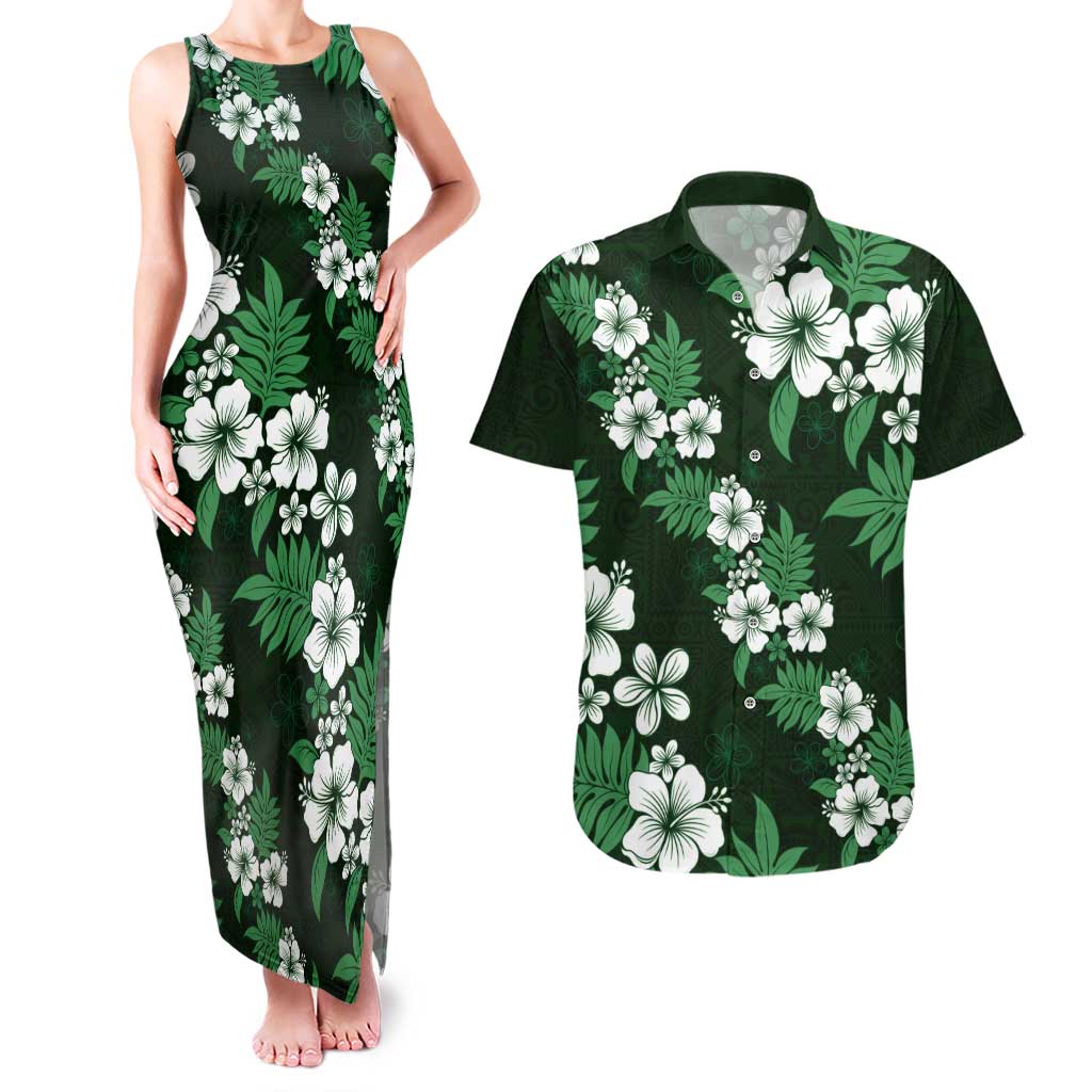 Hawaiian Hibiscus Tribal Floral Green Couples Matching Tank Maxi Dress and Hawaiian Shirt Polynesian Tapa Pattern LT01 Green - Polynesian Pride