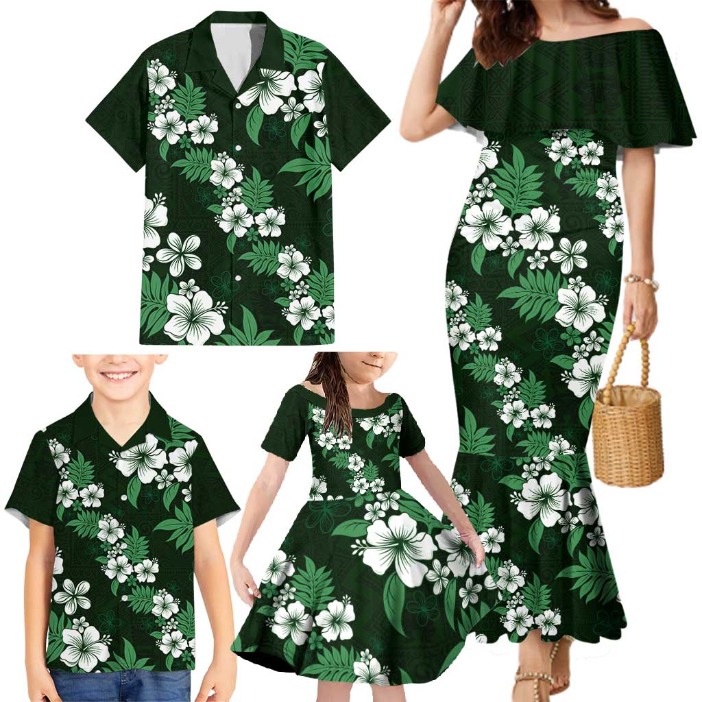 Hawaiian Hibiscus Tribal Floral Green Family Matching Mermaid Dress and Hawaiian Shirt Polynesian Tapa Pattern - Polynesian Pride