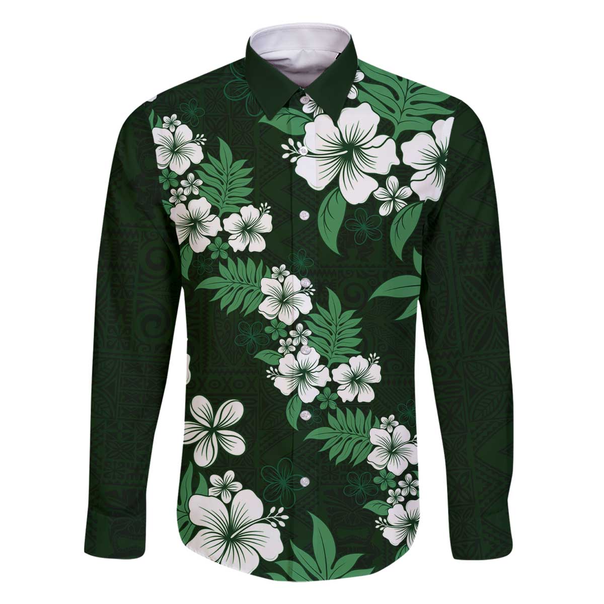 Hawaiian Hibiscus Tribal Floral Green Family Matching Off The Shoulder Long Sleeve Dress and Hawaiian Shirt Polynesian Tapa Pattern LT01 Dad's Shirt - Long Sleeve Green - Polynesian Pride