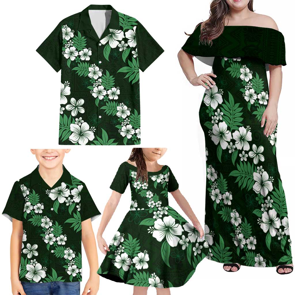 Hawaiian Hibiscus Tribal Floral Green Family Matching Off Shoulder Maxi Dress and Hawaiian Shirt Polynesian Tapa Pattern LT01 - Polynesian Pride