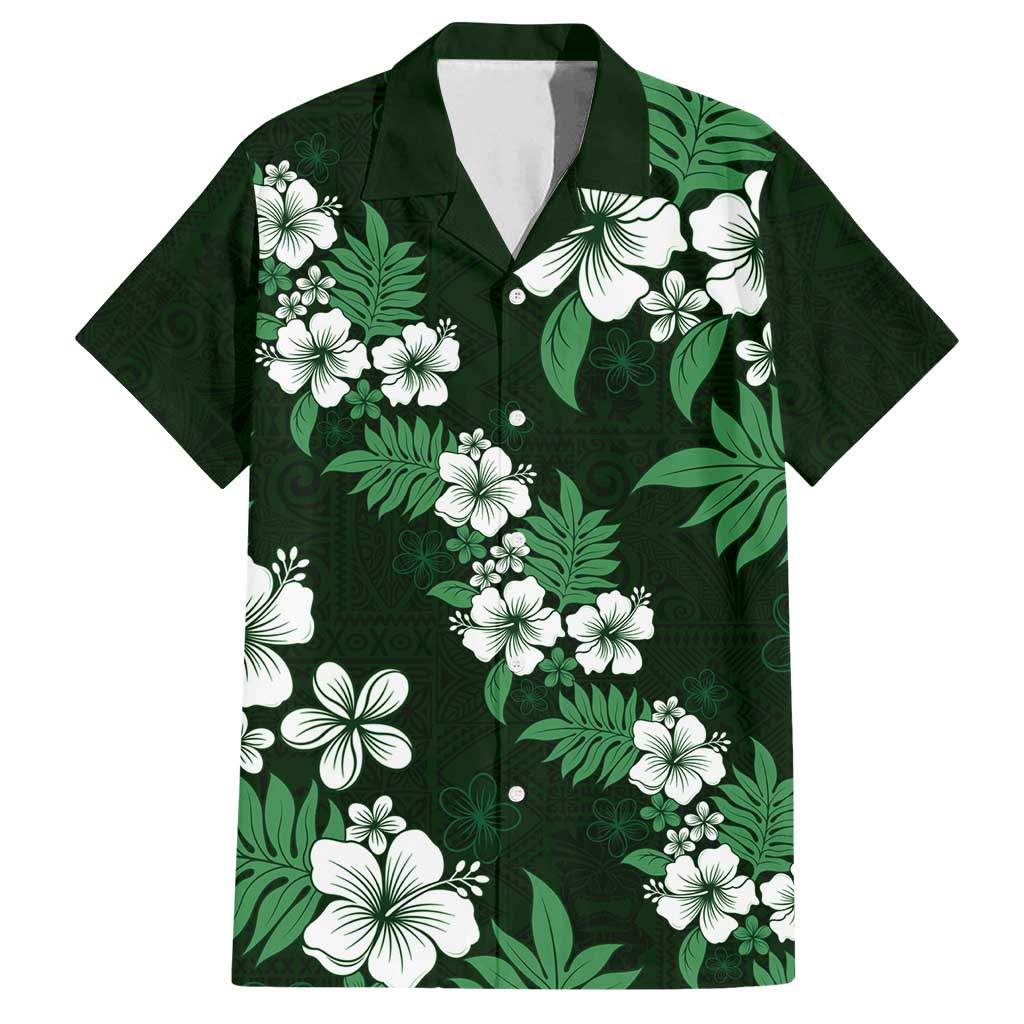 Hawaiian Hibiscus Tribal Floral Green Family Matching Off Shoulder Maxi Dress and Hawaiian Shirt Polynesian Tapa Pattern LT01 Dad's Shirt - Short Sleeve Green - Polynesian Pride
