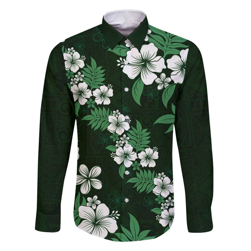 Hawaiian Hibiscus Tribal Floral Green Family Matching Off Shoulder Maxi Dress and Hawaiian Shirt Polynesian Tapa Pattern LT01 Dad's Shirt - Long Sleeve Green - Polynesian Pride