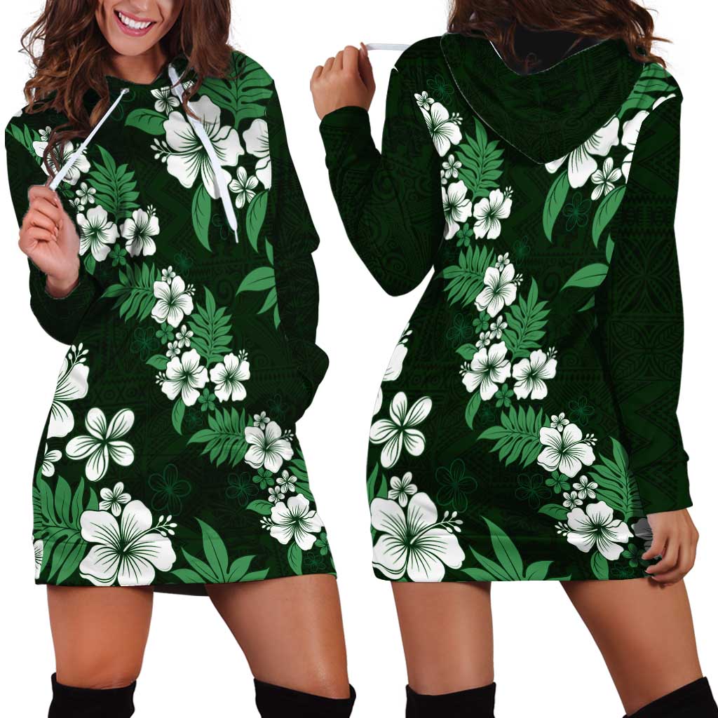 Hawaiian Hibiscus Tribal Floral Green Hoodie Dress Polynesian Tapa Pattern - Polynesian Pride