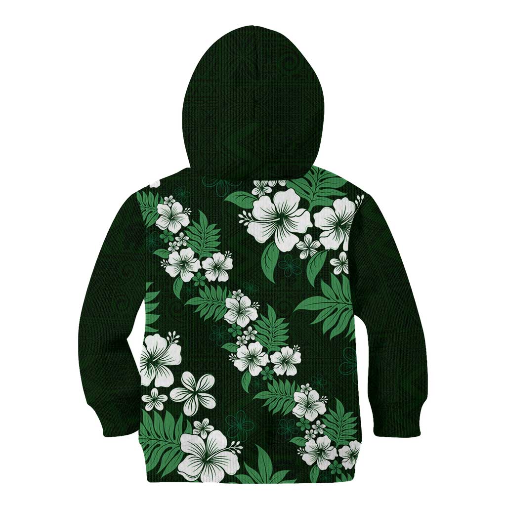 Hawaiian Hibiscus Tribal Floral Green Kid Hoodie Polynesian Tapa Pattern - Polynesian Pride