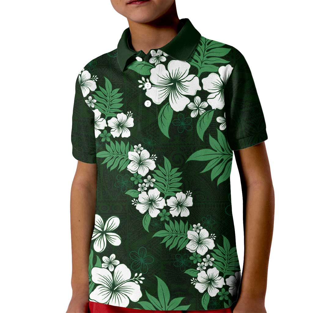 Hawaiian Hibiscus Tribal Floral Green Kid Polo Shirt Polynesian Tapa Pattern - Polynesian Pride