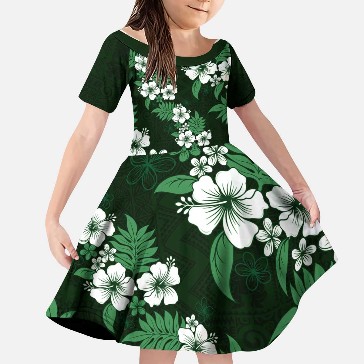 Hawaiian Hibiscus Tribal Floral Green Kid Short Sleeve Dress Polynesian Tapa Pattern - Polynesian Pride