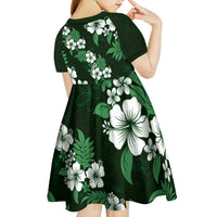 Hawaiian Hibiscus Tribal Floral Green Kid Short Sleeve Dress Polynesian Tapa Pattern - Polynesian Pride