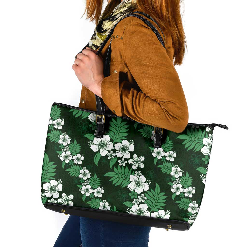 Hawaiian Hibiscus Tribal Floral Green Leather Tote Bag Polynesian Tapa Pattern LT01 Green - Polynesian Pride