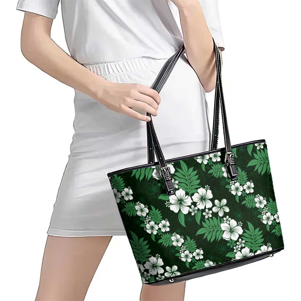 Hawaiian Hibiscus Tribal Floral Green Leather Tote Bag Polynesian Tapa Pattern LT01 - Polynesian Pride