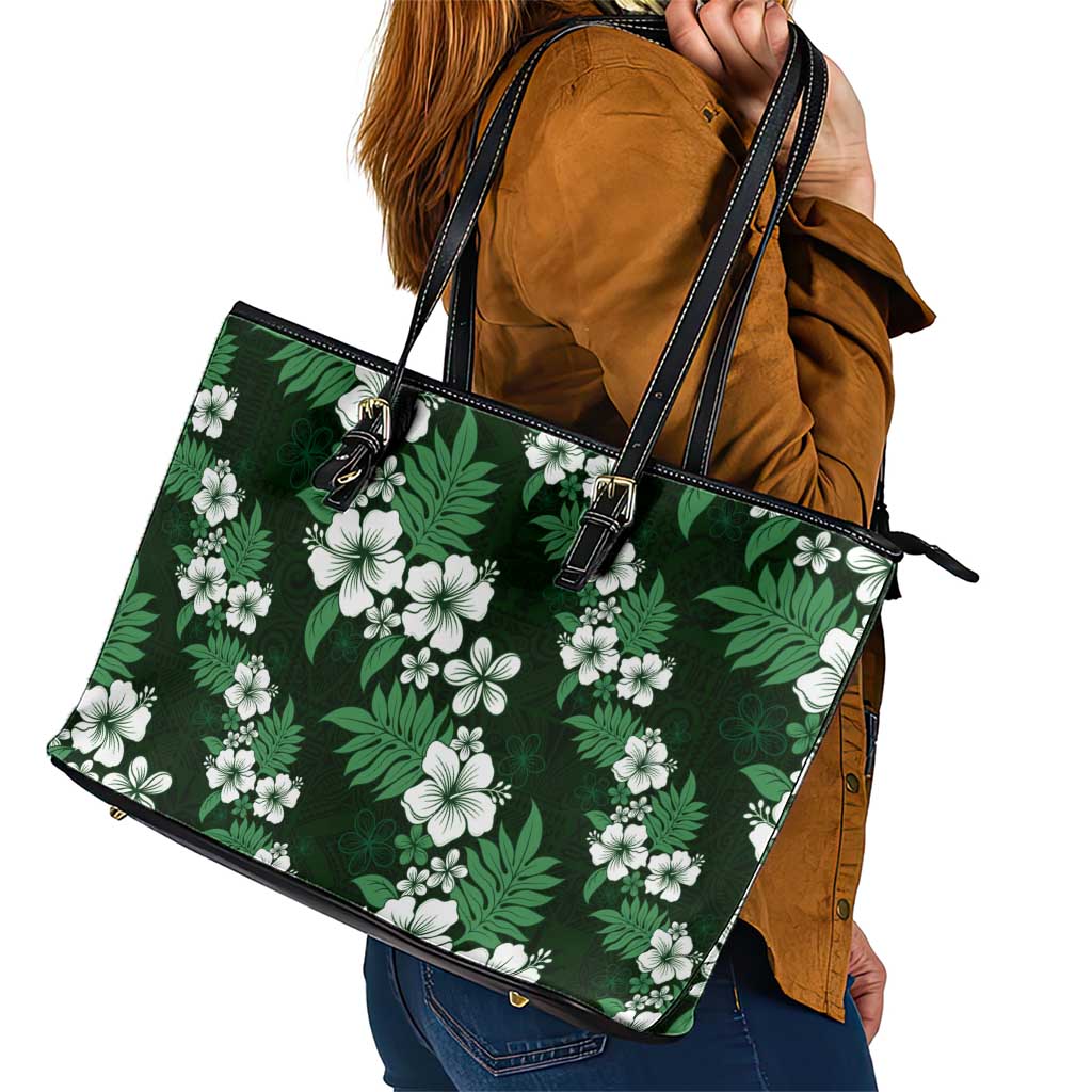Hawaiian Hibiscus Tribal Floral Green Leather Tote Bag Polynesian Tapa Pattern LT01 - Polynesian Pride