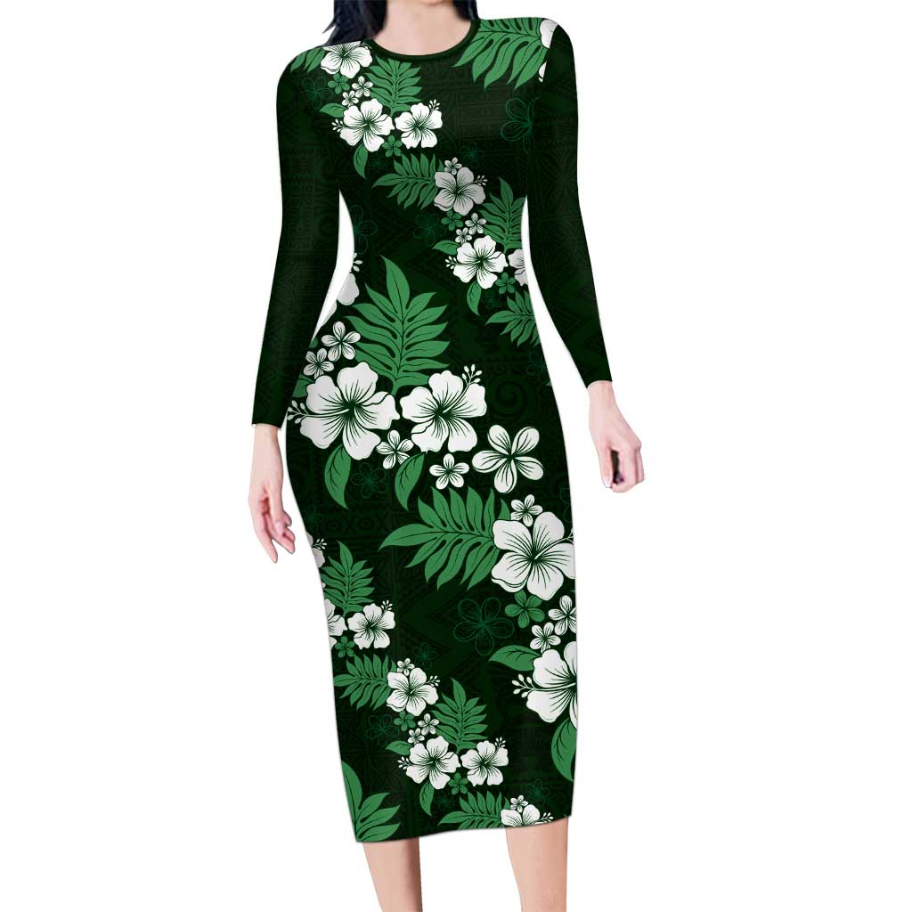 Hawaiian Hibiscus Tribal Floral Green Long Sleeve Bodycon Dress Polynesian Tapa Pattern - Polynesian Pride