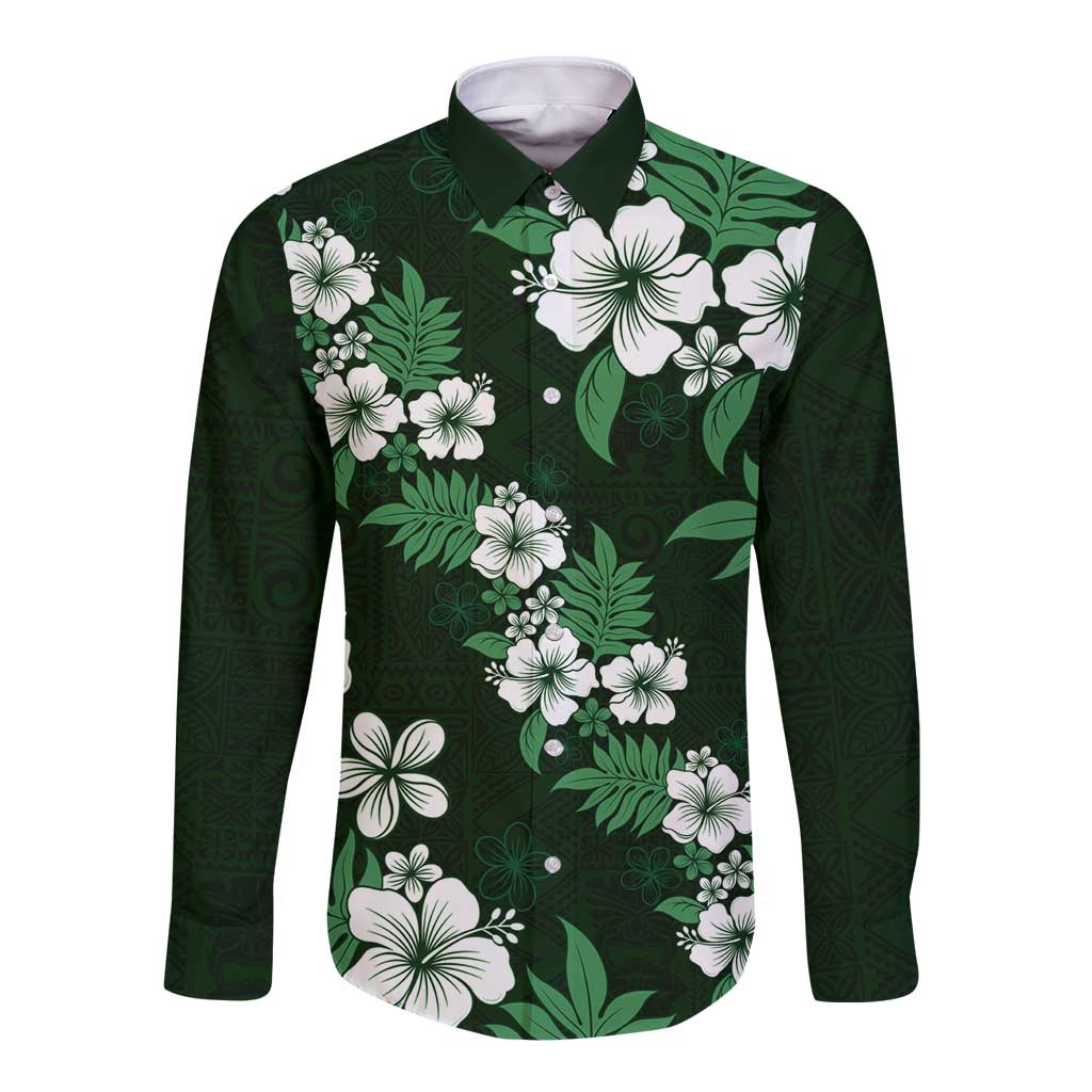 Hawaiian Hibiscus Tribal Floral Green Long Sleeve Button Shirt Polynesian Tapa Pattern - Polynesian Pride