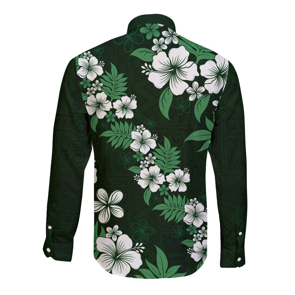 Hawaiian Hibiscus Tribal Floral Green Long Sleeve Button Shirt Polynesian Tapa Pattern - Polynesian Pride