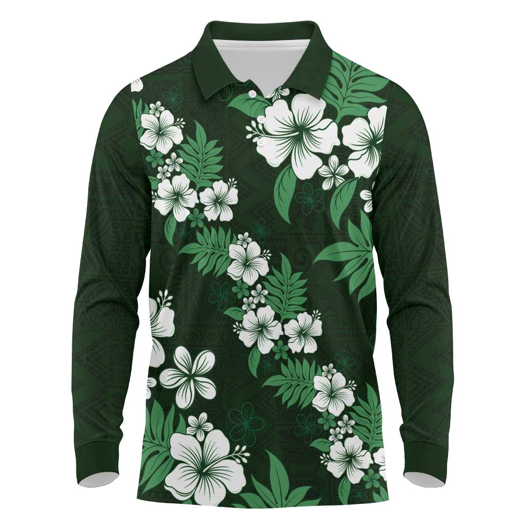 Hawaiian Hibiscus Tribal Floral Green Long Sleeve Polo Shirt Polynesian Tapa Pattern - Polynesian Pride
