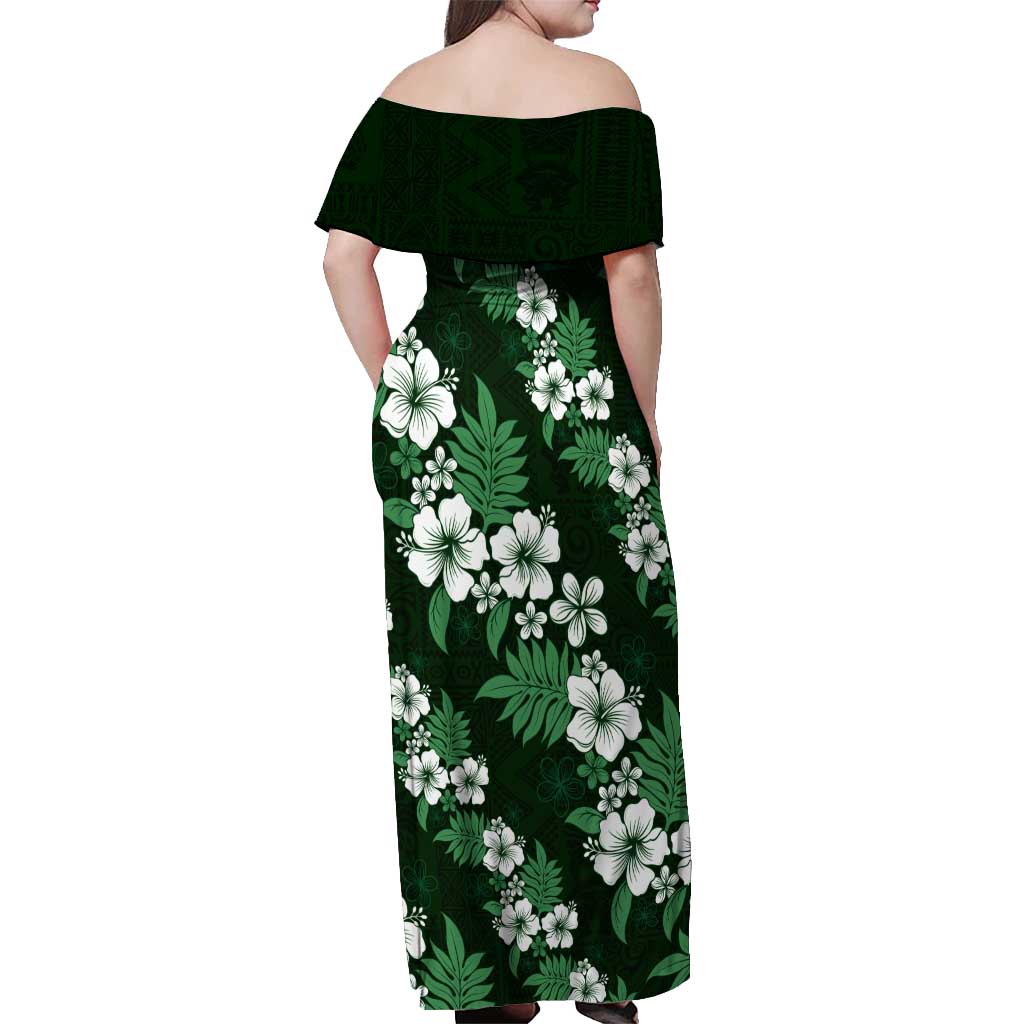 Hawaiian Hibiscus Tribal Floral Green Off Shoulder Maxi Dress Polynesian Tapa Pattern - Polynesian Pride