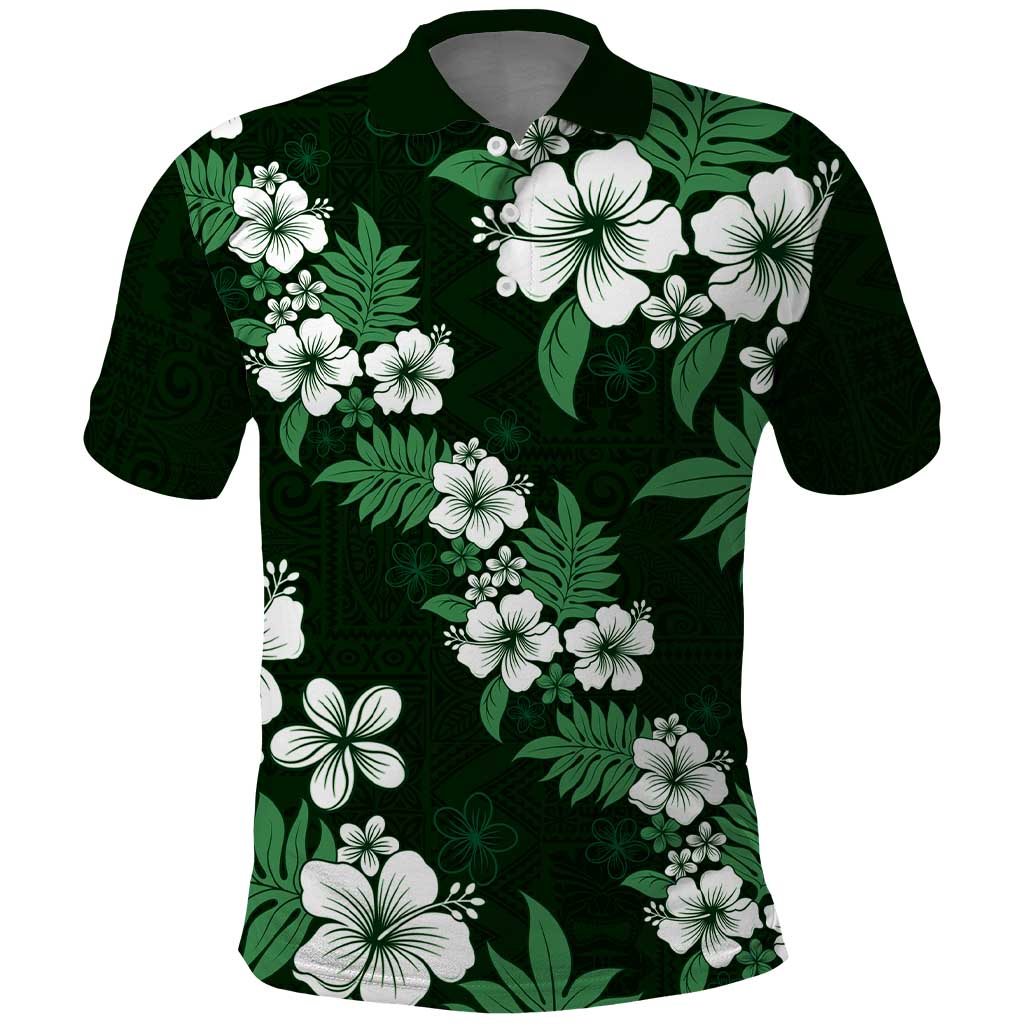 Hawaiian Hibiscus Tribal Floral Green Polo Shirt Polynesian Tapa Pattern - Polynesian Pride