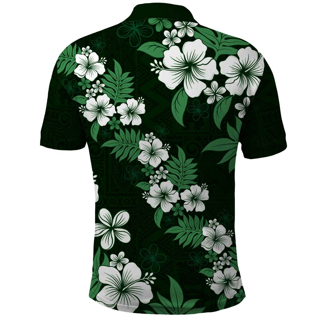 Hawaiian Hibiscus Tribal Floral Green Polo Shirt Polynesian Tapa Pattern - Polynesian Pride