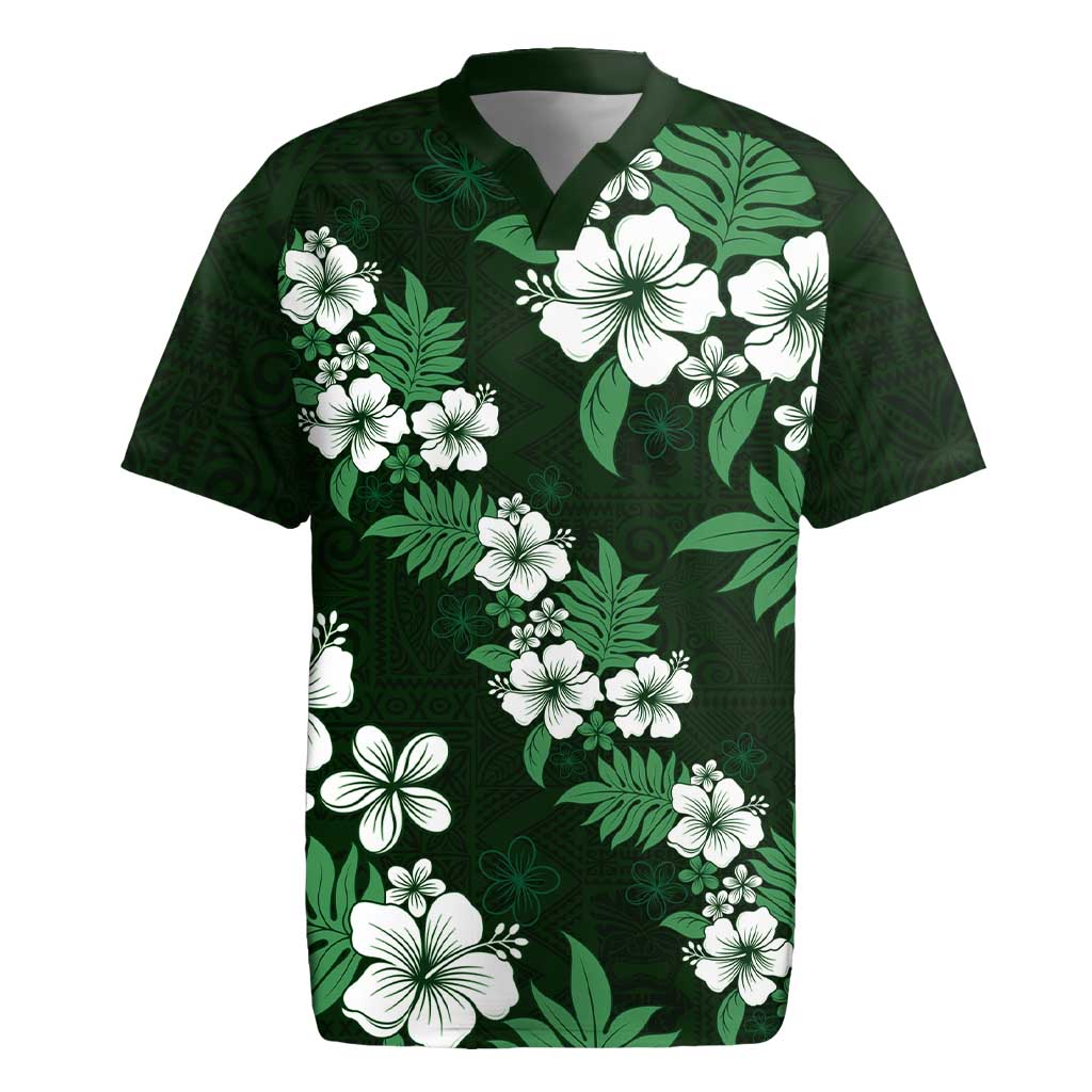 Hawaiian Hibiscus Tribal Floral Green Rugby Jersey Polynesian Tapa Pattern - Polynesian Pride
