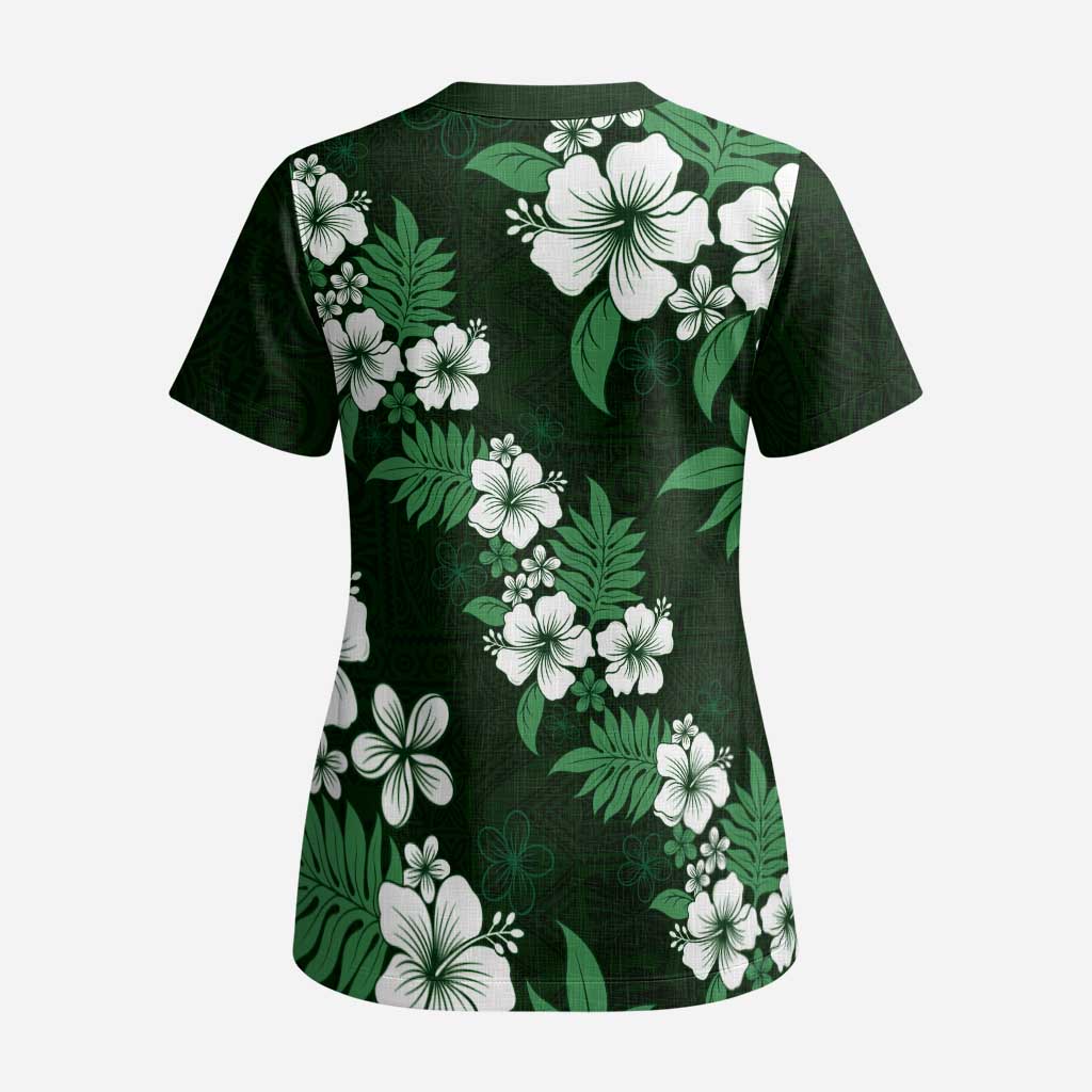 Hawaiian Hibiscus Tribal Floral Green Scrub Top Polynesian Tapa Pattern - Polynesian Pride