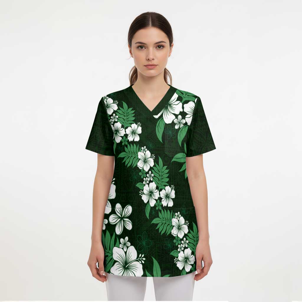 Hawaiian Hibiscus Tribal Floral Green Scrub Top Polynesian Tapa Pattern - Polynesian Pride
