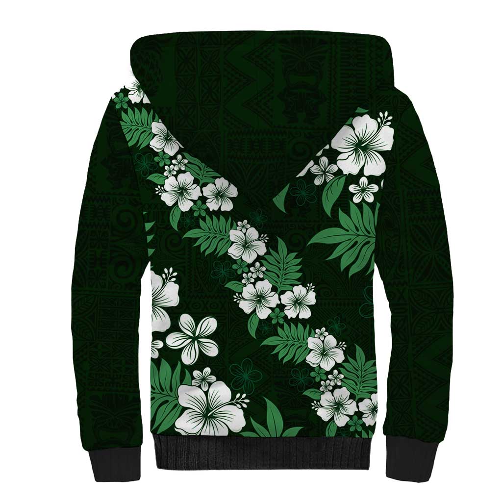Hawaiian Hibiscus Tribal Floral Green Sherpa Hoodie Polynesian Tapa Pattern - Polynesian Pride