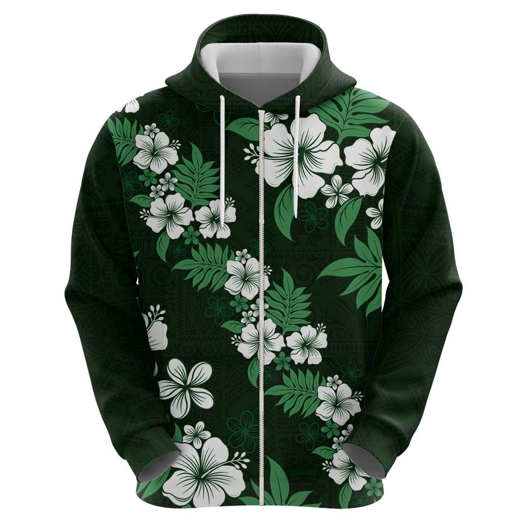 Hawaiian Hibiscus Tribal Floral Green Zip Hoodie Polynesian Tapa Pattern - Polynesian Pride