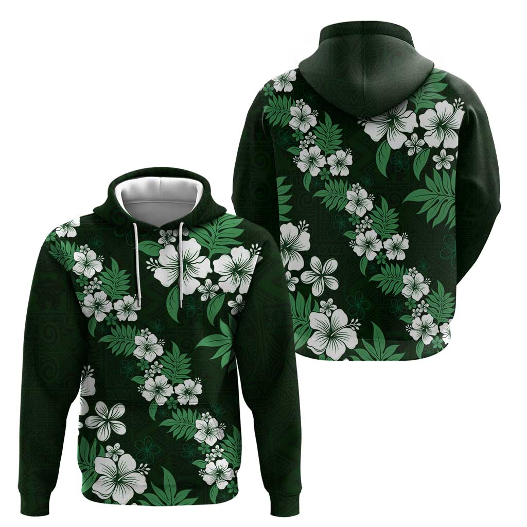 Hawaiian Hibiscus Tribal Floral Green Zip Hoodie Polynesian Tapa Pattern - Polynesian Pride