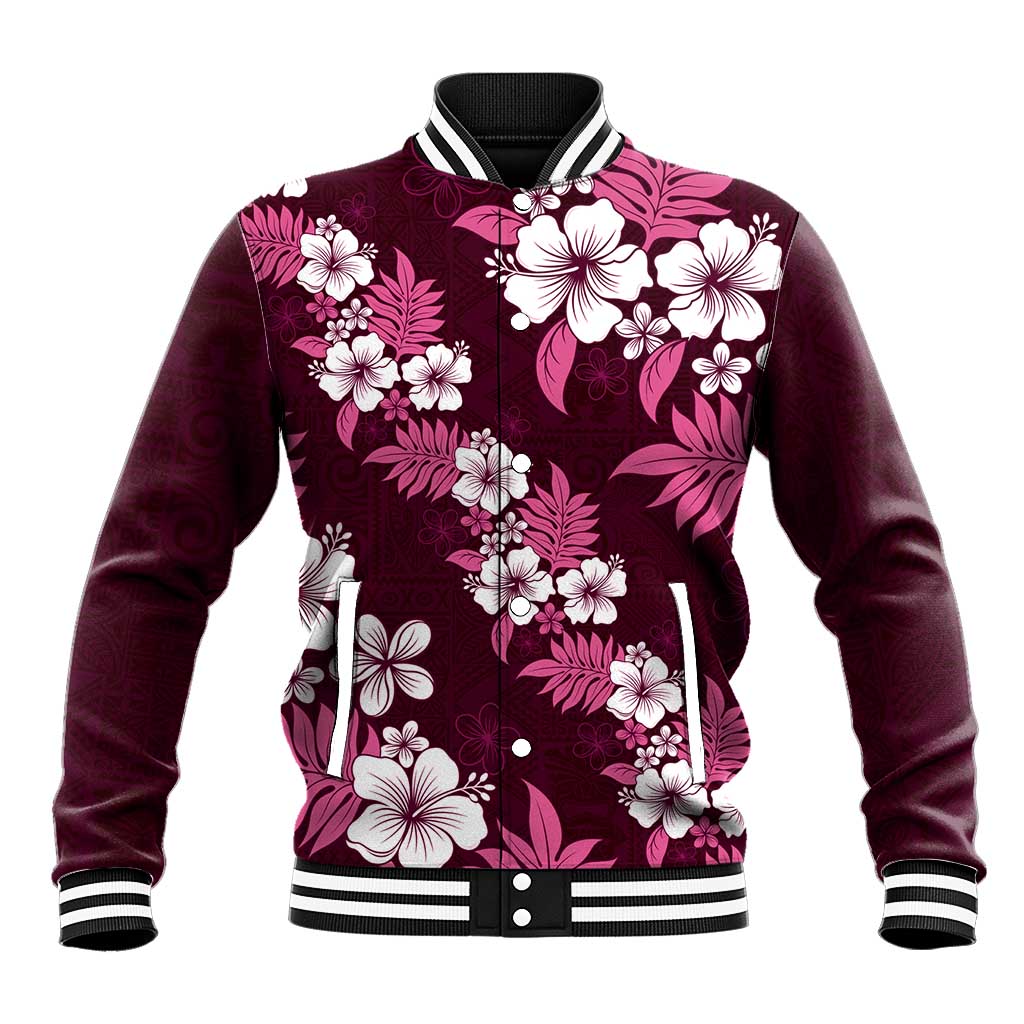 Hawaiian Hibiscus Tribal Floral Pink Baseball Jacket Polynesian Tapa Pattern - Polynesian Pride