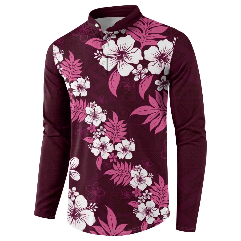 Hawaiian Hibiscus Tribal Floral Pink Button Sweatshirt Polynesian Tapa Pattern - Polynesian Pride