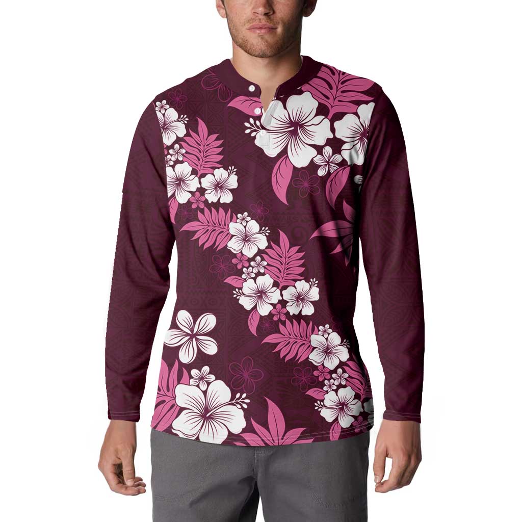 Hawaiian Hibiscus Tribal Floral Pink Button Sweatshirt Polynesian Tapa Pattern - Polynesian Pride