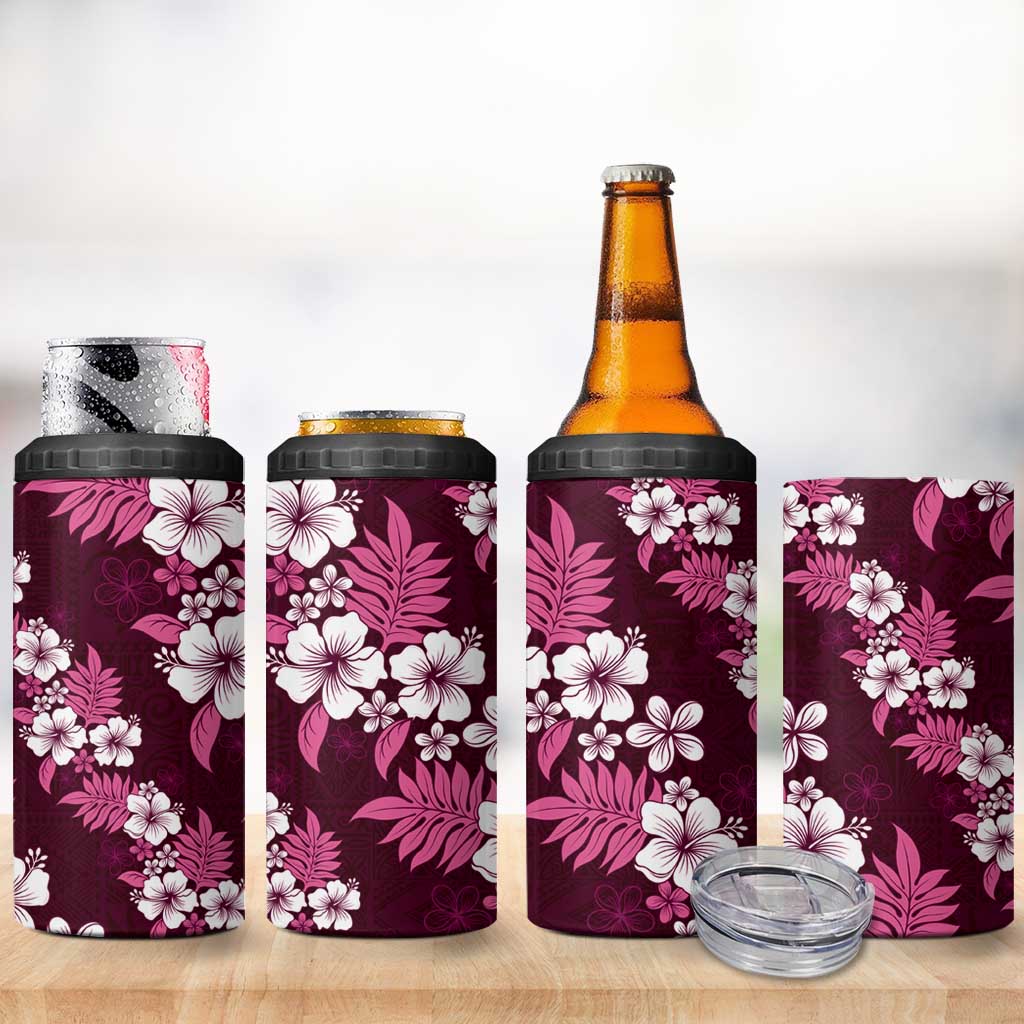 Hawaiian Hibiscus Tribal Floral Pink 4 in 1 Can Cooler Tumbler Polynesian Tapa Pattern - Polynesian Pride
