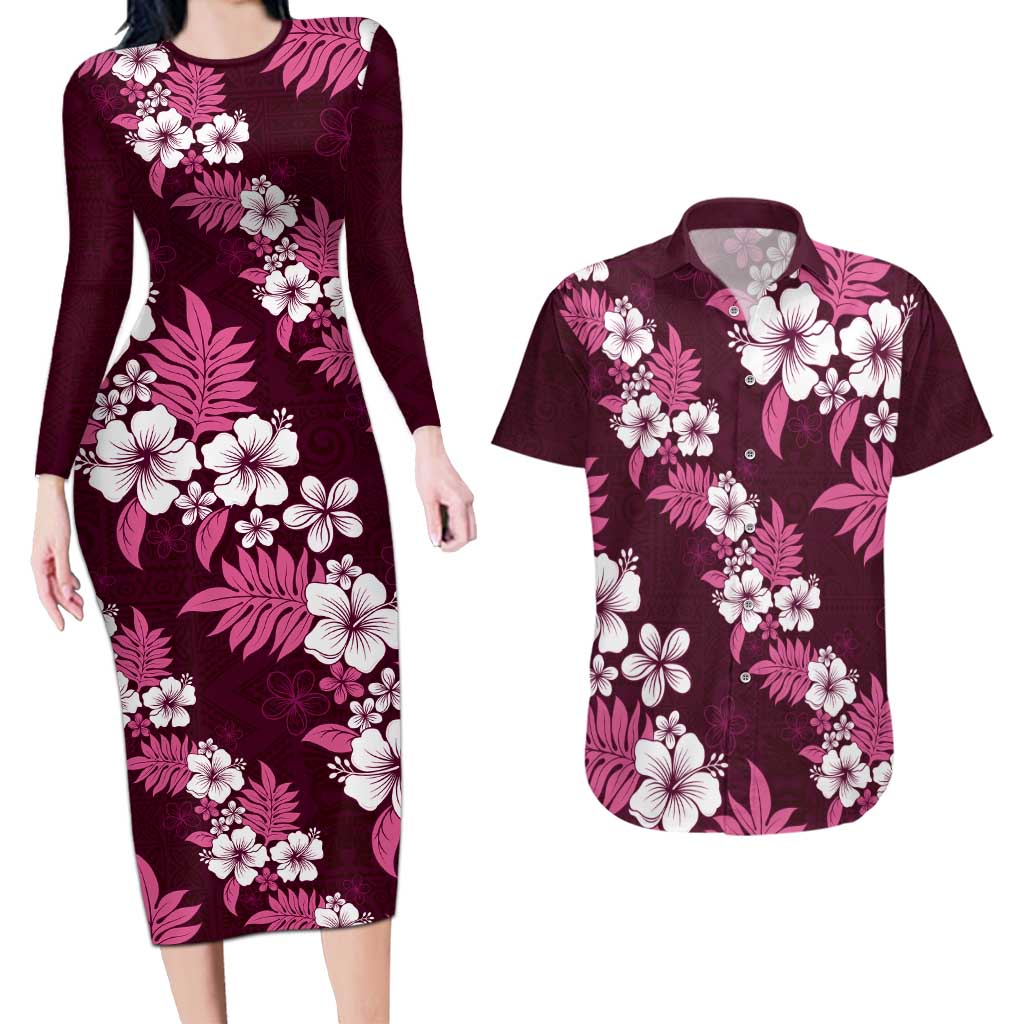 Hawaiian Hibiscus Tribal Floral Pink Couples Matching Long Sleeve Bodycon Dress and Hawaiian Shirt Polynesian Tapa Pattern LT01 Pink - Polynesian Pride