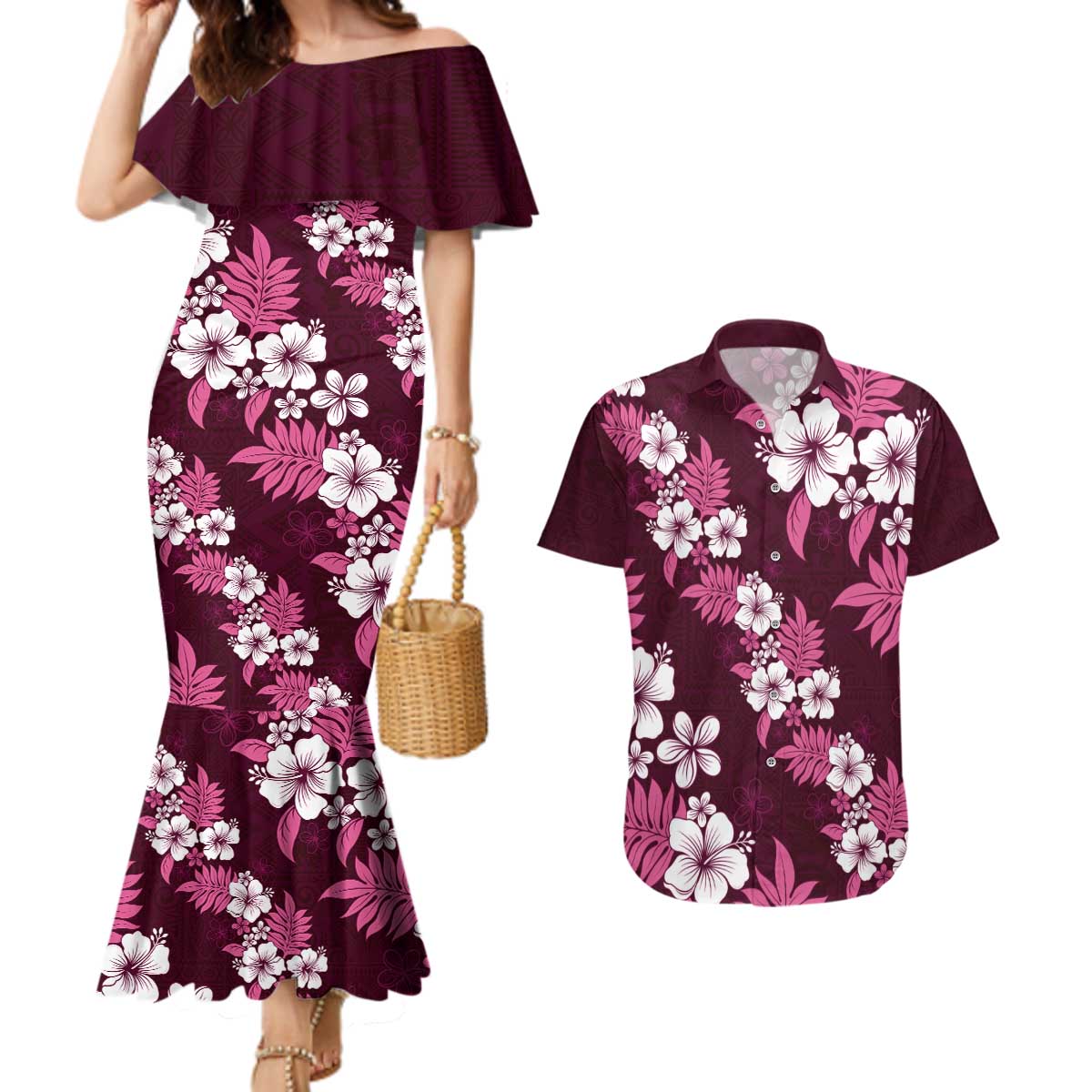 Hawaiian Hibiscus Tribal Floral Pink Couples Matching Mermaid Dress and Hawaiian Shirt Polynesian Tapa Pattern LT01 Pink - Polynesian Pride