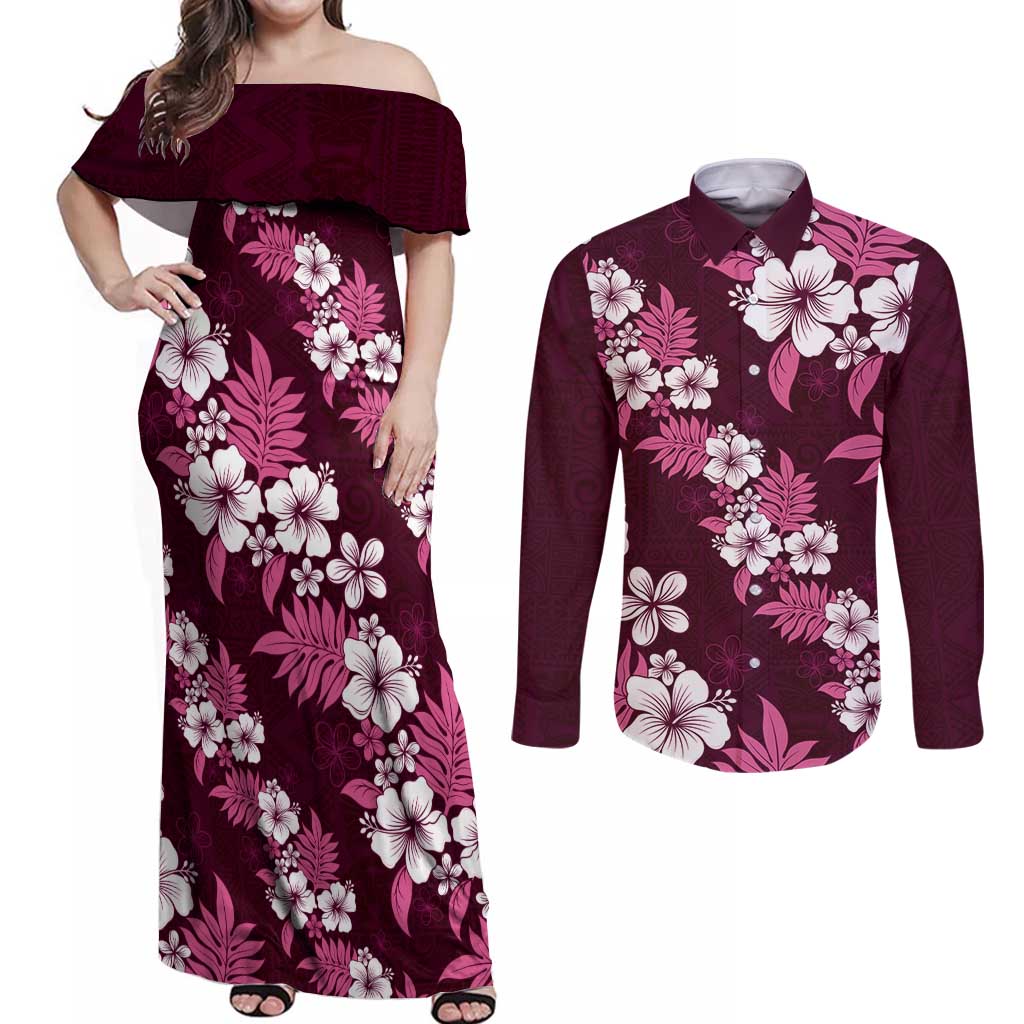 Hawaiian Hibiscus Tribal Floral Pink Couples Matching Off Shoulder Maxi Dress and Long Sleeve Button Shirt Polynesian Tapa Pattern LT01 Pink - Polynesian Pride