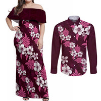 Hawaiian Hibiscus Tribal Floral Pink Couples Matching Off Shoulder Maxi Dress and Long Sleeve Button Shirt Polynesian Tapa Pattern LT01 Pink - Polynesian Pride
