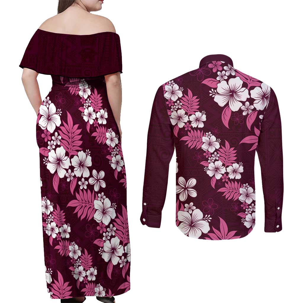 Hawaiian Hibiscus Tribal Floral Pink Couples Matching Off Shoulder Maxi Dress and Long Sleeve Button Shirt Polynesian Tapa Pattern LT01 - Polynesian Pride
