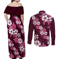 Hawaiian Hibiscus Tribal Floral Pink Couples Matching Off Shoulder Maxi Dress and Long Sleeve Button Shirt Polynesian Tapa Pattern LT01 - Polynesian Pride