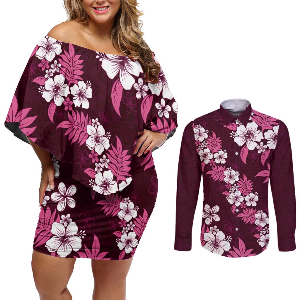 Hawaiian Hibiscus Tribal Floral Pink Couples Matching Off Shoulder Short Dress and Long Sleeve Button Shirt Polynesian Tapa Pattern LT01 Pink - Polynesian Pride