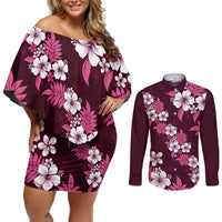 Hawaiian Hibiscus Tribal Floral Pink Couples Matching Off Shoulder Short Dress and Long Sleeve Button Shirt Polynesian Tapa Pattern LT01 Pink - Polynesian Pride