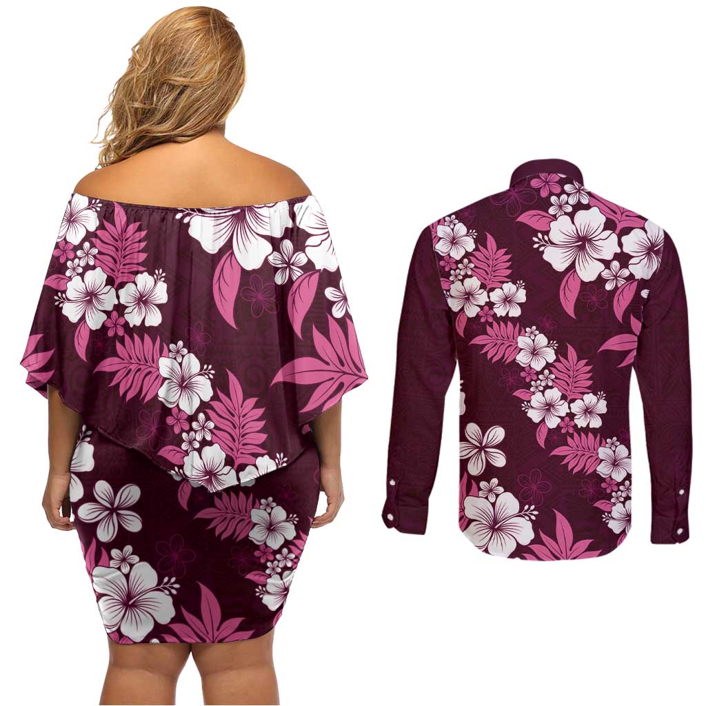 Hawaiian Hibiscus Tribal Floral Pink Couples Matching Off Shoulder Short Dress and Long Sleeve Button Shirt Polynesian Tapa Pattern LT01 - Polynesian Pride
