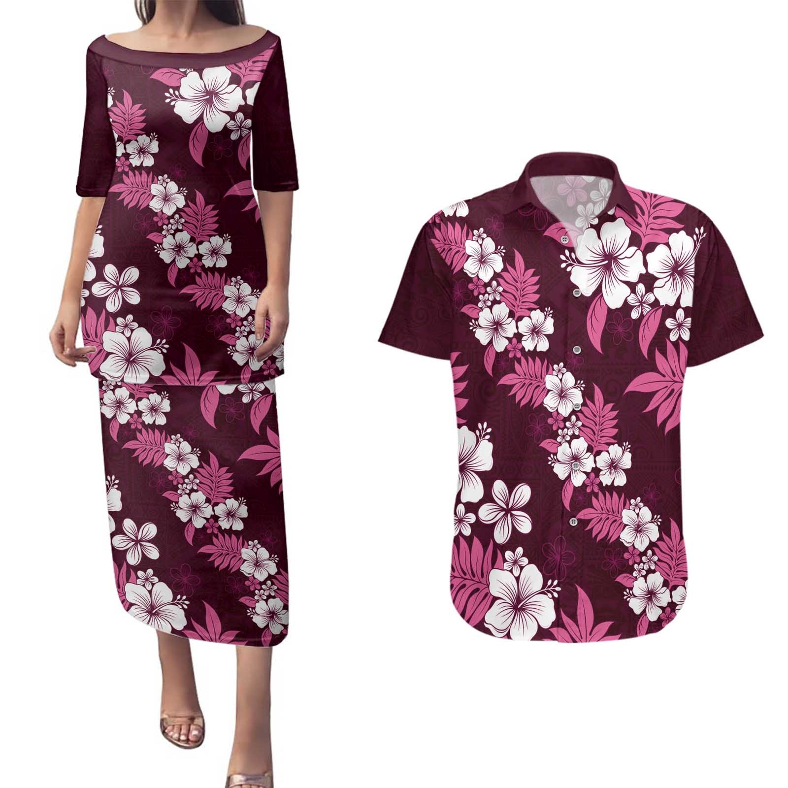 Hawaiian Hibiscus Tribal Floral Pink Couples Matching Puletasi and Hawaiian Shirt Polynesian Tapa Pattern - Polynesian Pride