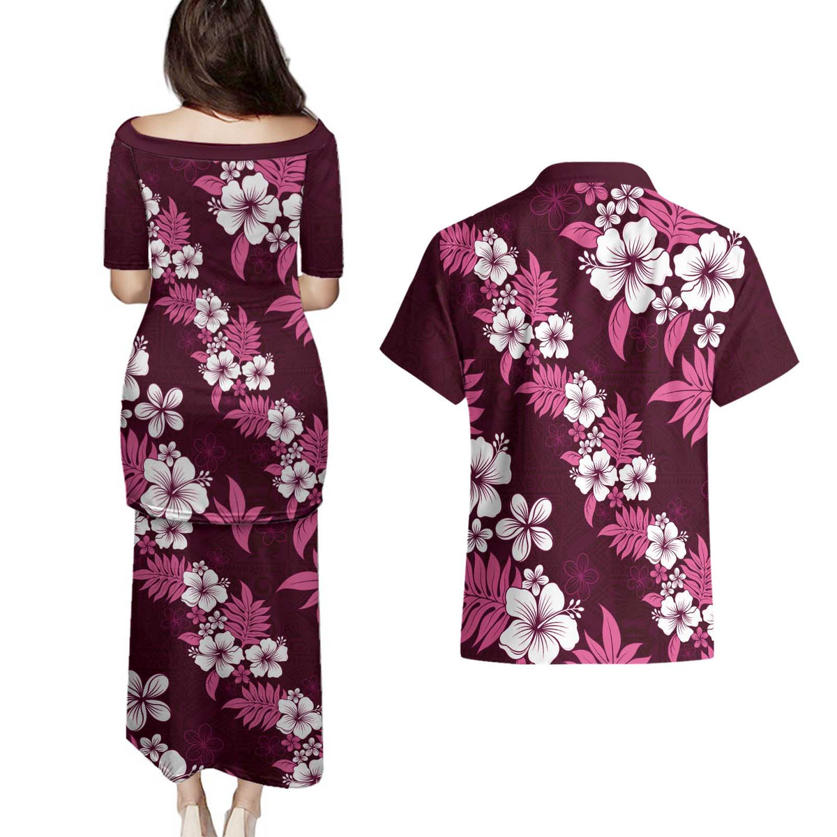 Hawaiian Hibiscus Tribal Floral Pink Couples Matching Puletasi and Hawaiian Shirt Polynesian Tapa Pattern - Polynesian Pride