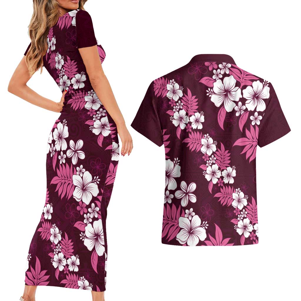 Hawaiian Hibiscus Tribal Floral Pink Couples Matching Short Sleeve Bodycon Dress and Hawaiian Shirt Polynesian Tapa Pattern LT01 - Polynesian Pride