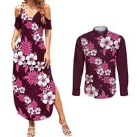 Hawaiian Hibiscus Tribal Floral Pink Couples Matching Summer Maxi Dress and Long Sleeve Button Shirt Polynesian Tapa Pattern LT01 Pink - Polynesian Pride