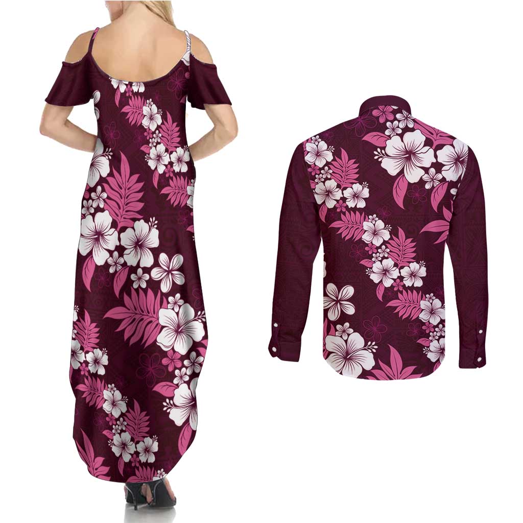Hawaiian Hibiscus Tribal Floral Pink Couples Matching Summer Maxi Dress and Long Sleeve Button Shirt Polynesian Tapa Pattern LT01 - Polynesian Pride