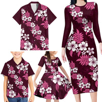 Hawaiian Hibiscus Tribal Floral Pink Family Matching Long Sleeve Bodycon Dress and Hawaiian Shirt Polynesian Tapa Pattern - Polynesian Pride