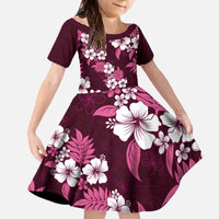 Hawaiian Hibiscus Tribal Floral Pink Family Matching Off The Shoulder Long Sleeve Dress and Hawaiian Shirt Polynesian Tapa Pattern LT01 Daughter's Dress Pink - Polynesian Pride